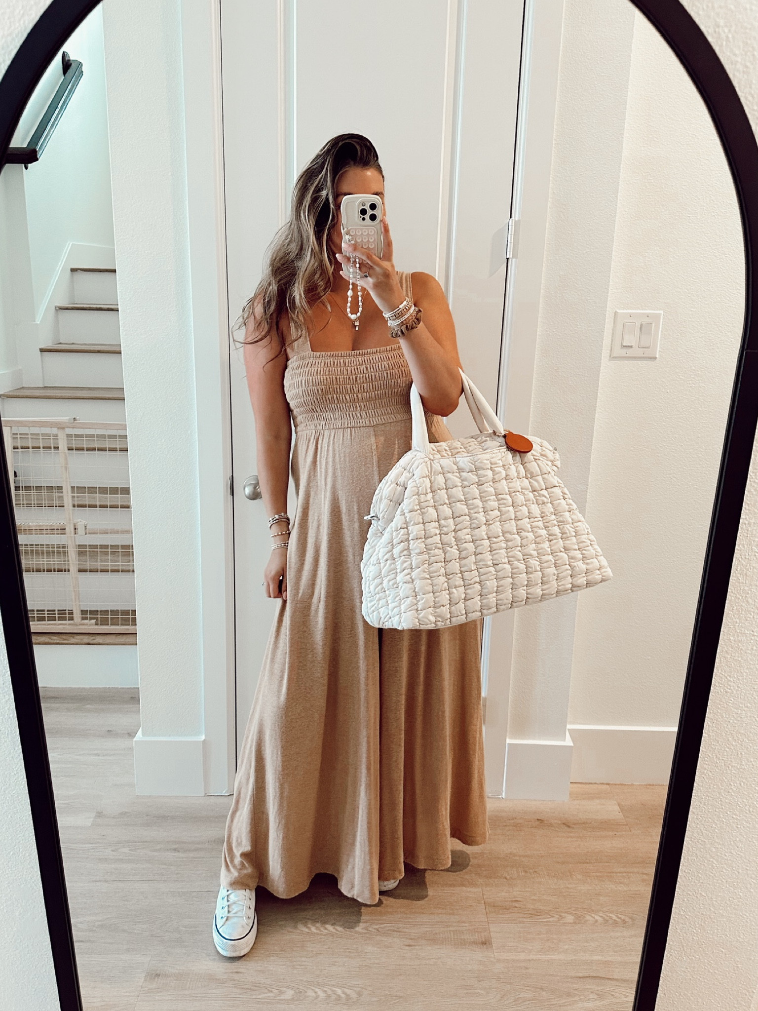 Free people jumpsuit true to size large- pregnant and non pregnant! 
Converse true to size 9! 

Summer outfit, travel outfit, vacation outfit, maternity 