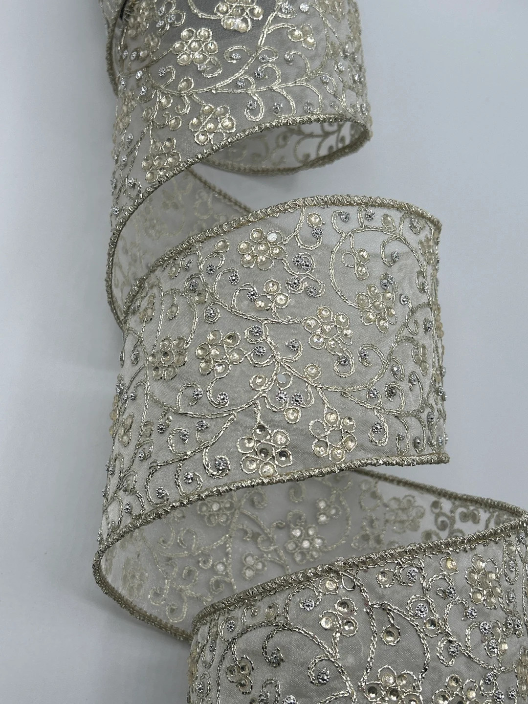 4" Champagne Sheer Ribbon ~ Embroidered Vines Flowers ~ Jewels ~ Wired Edges ~ Farrisilk ~ 5 Yard... | Etsy (US)