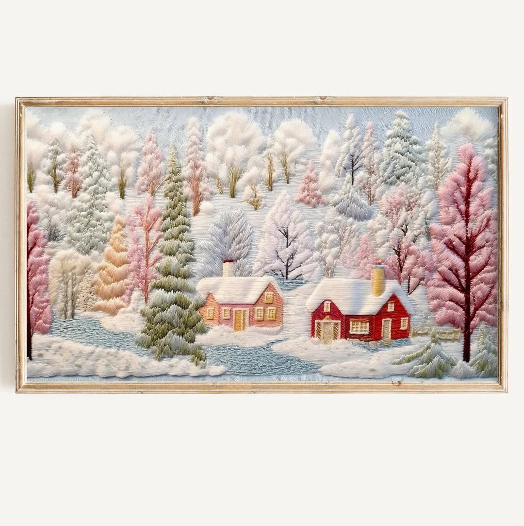 Winter FRAME TV Embroidery Art Digital Download Colorful Pastel Christmas 3D Textured Art File Em... | Etsy (US)