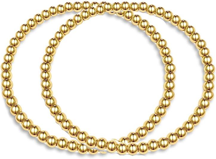 Hapuxt 14K Real Gold Plated Bead Bracelet Stack | Gold Beaded Ball Bracelet Stretch 4MM 6MM 8MM | Amazon (US)