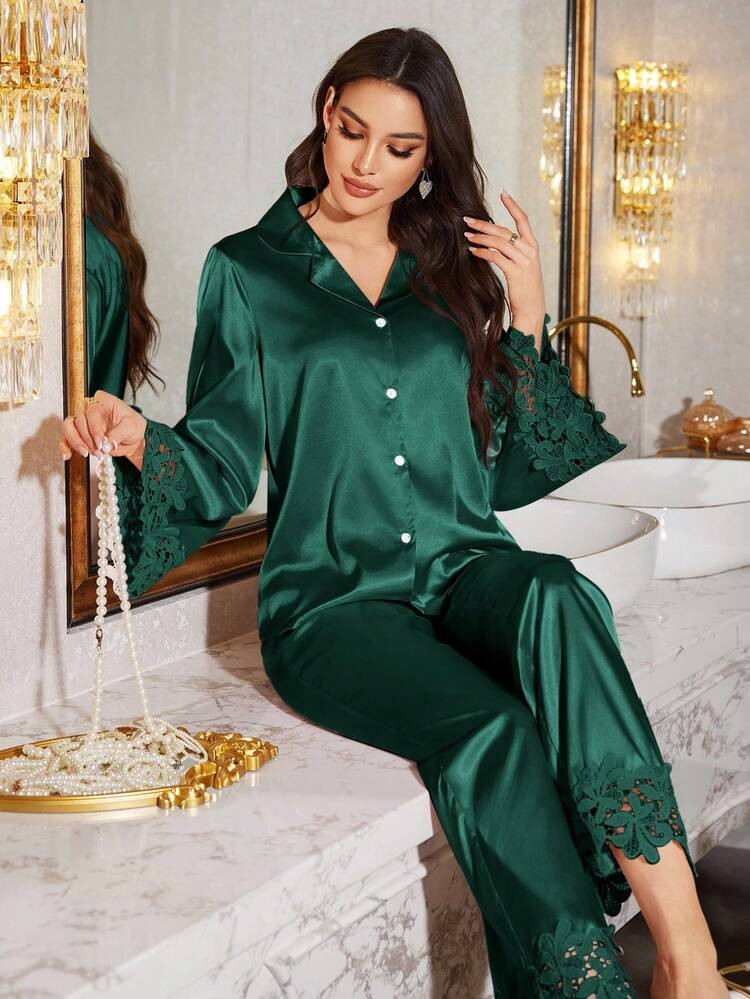 LuxeNights Stylish Satin Long Sleeve Top & Pants Pajama Set With Lapel Collar And Lace Accents For Women, Fall Winter Clothes | SHEIN