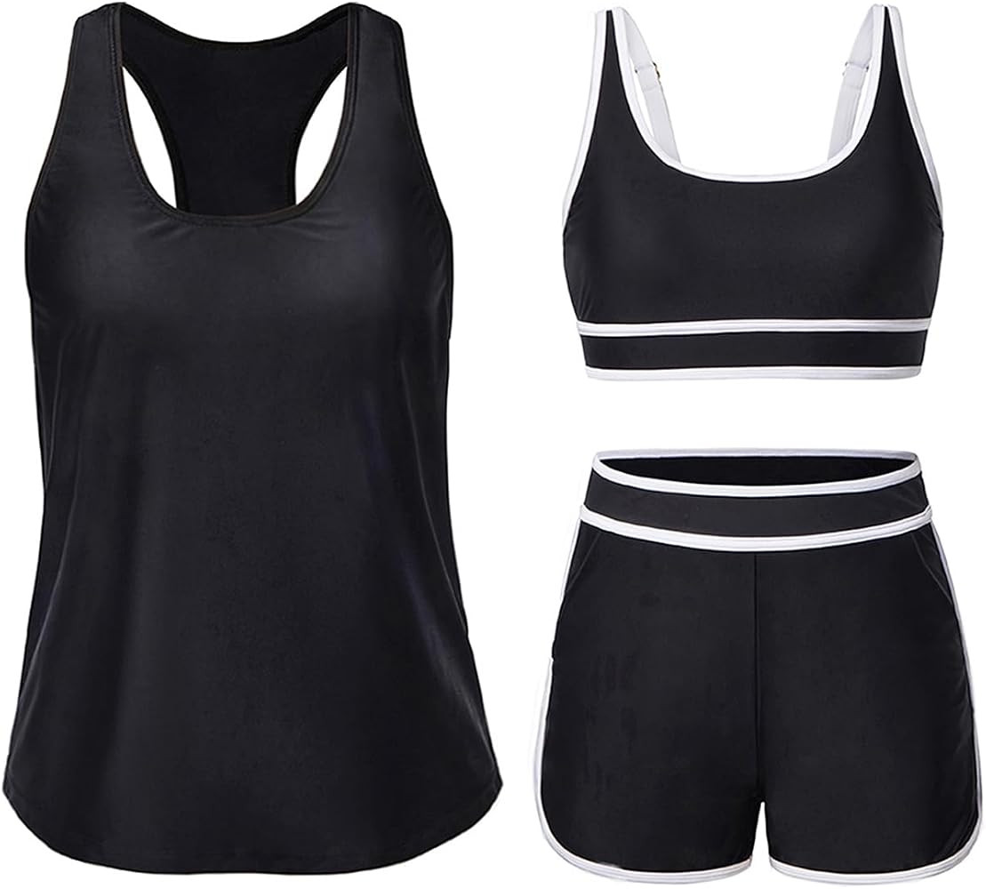 Daci 3 Piece Tankini Swimsuits for Women - Tummy Control Athletic Bathing Suit Sport Bra Modest 2... | Amazon (US)
