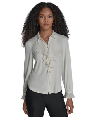 Bcbg Women's Button Down Ruffle Front Blouse - Whisper White | Macy's