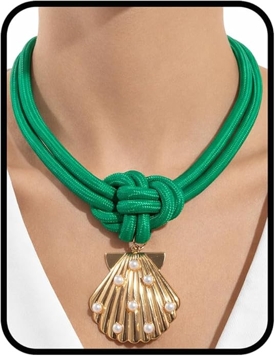 Shell Necklace for Women, Gold Seashell Pearl Pendant Chunky Rope Knot Choker Necklace Green Y2K ... | Amazon (US)