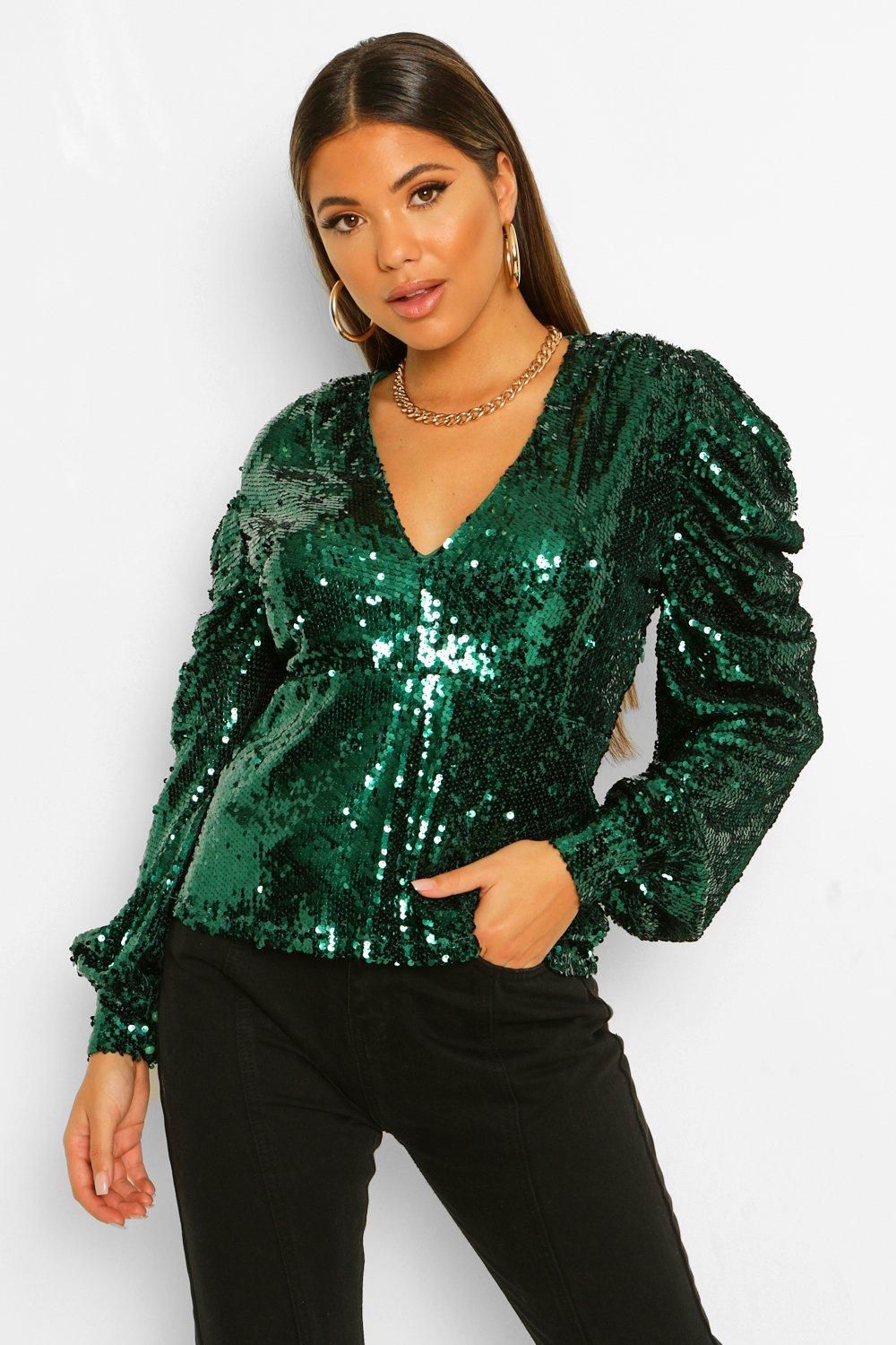 Womens Sequin Puff Sleeve Top - Green - 4 | Boohoo.com (US & CA)