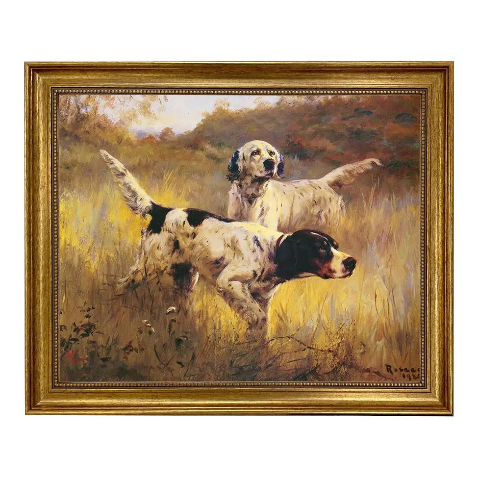 "English Setters" Print on Canvas in Antiqued Gold Frame- a 16" X 20" Framed to 19-1/2" X23-1/2" | Chairish
