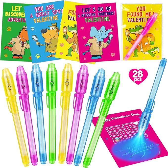 28 PCS Invisible Ink Pens with UV Light Valentine Cards for Kids Valentine Classroom Gifts Exchan... | Amazon (US)