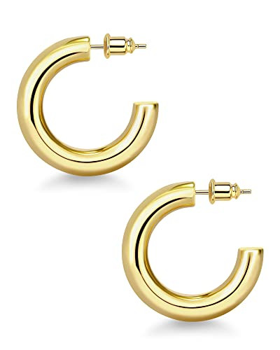 wowshow Chunky Gold Hoop Earrings, Thick Gold Hoop Earrings for Women 14K Real Gold Plated 30mm Big Open Hoops Lightweight | Amazon (US)
