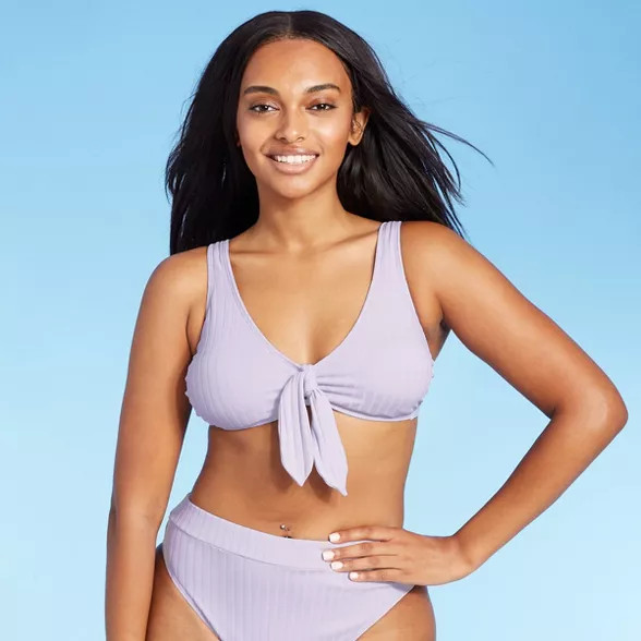 Juniors' Ribbed Tie-Front Longline Triangle Bikini Top - Xhilaration™ Lilac | Target