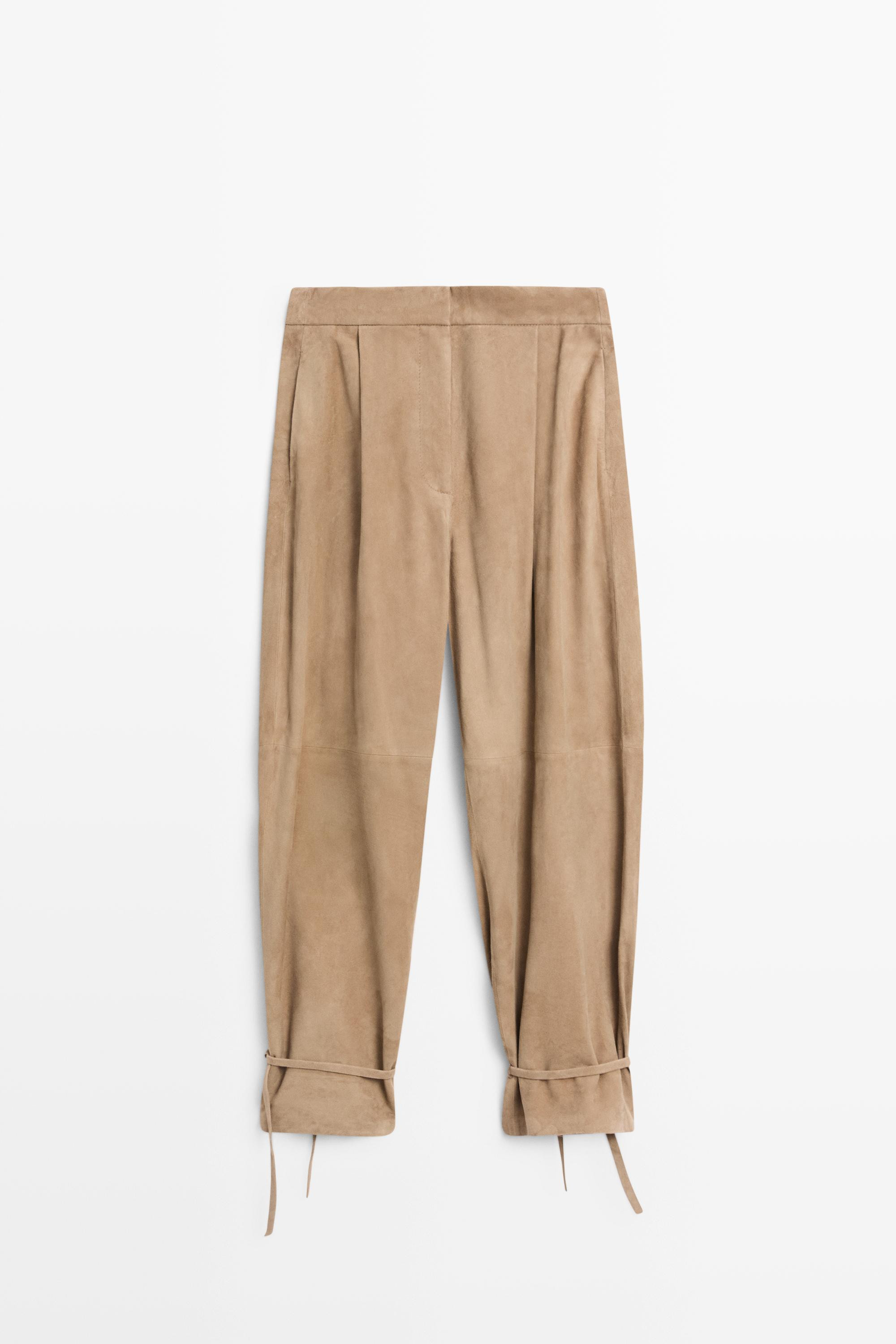 Suede leather pants with tie-detail hems | Massimo Dutti UK
