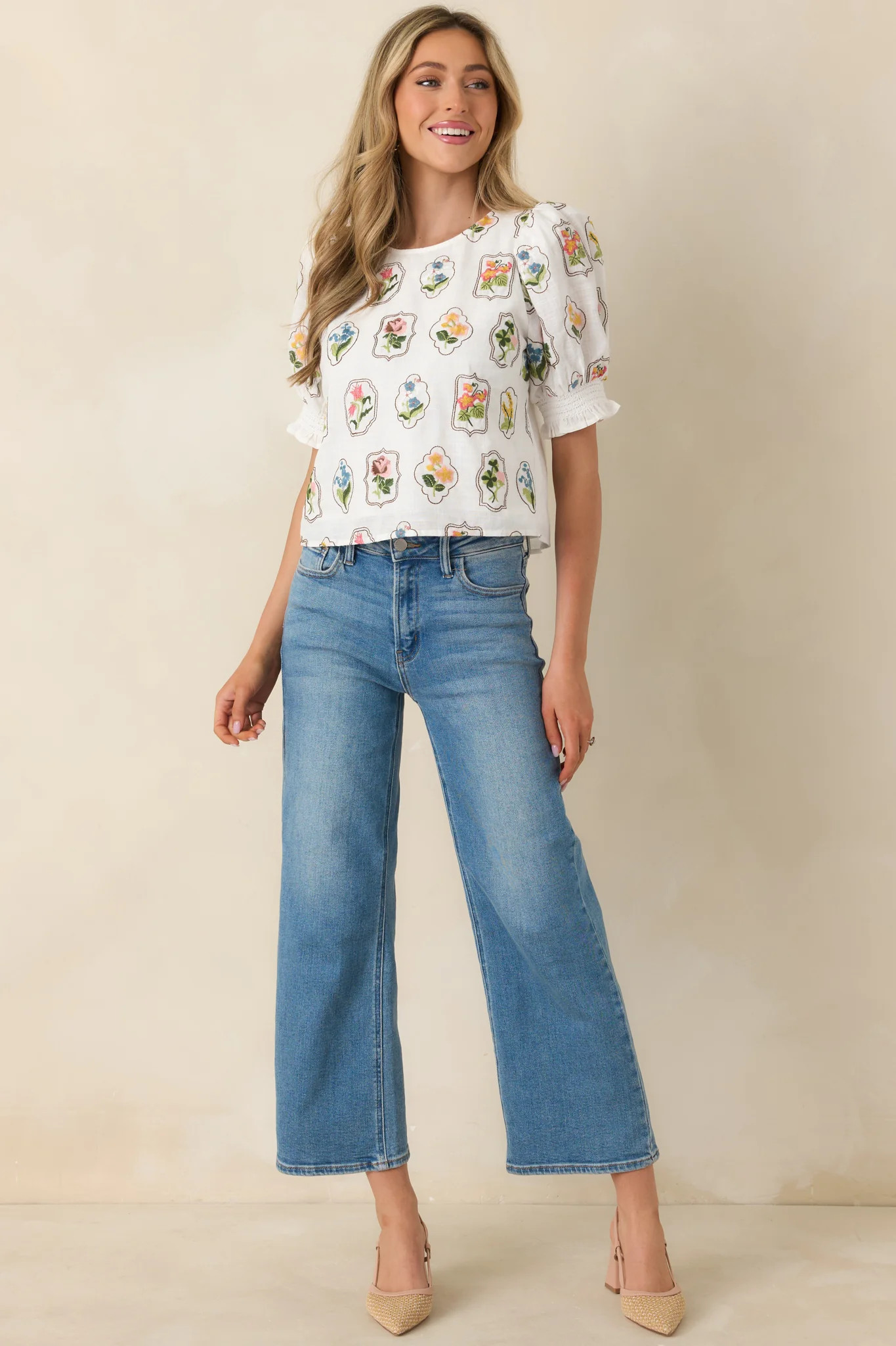 Pressed Flowers & Porcelain Ivory Multi Cotton Embroidered Floral Top | Red Dress