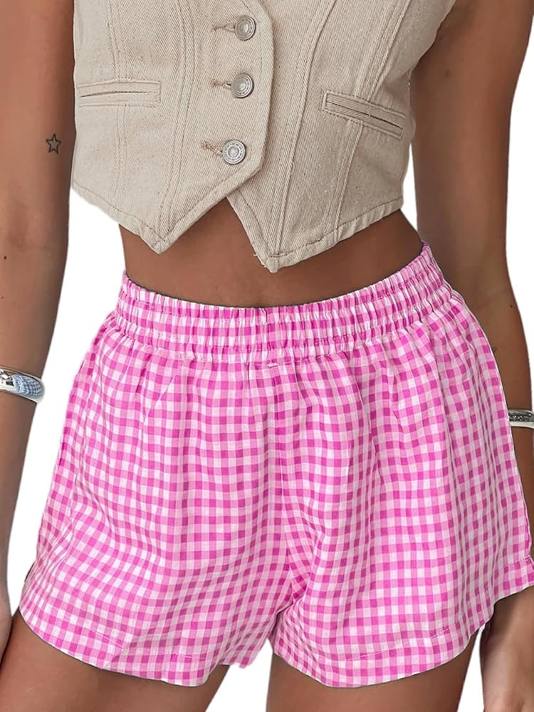 Chunoy Women's Plaid Boxer Shorts Summer Casual Gingham Pajama Bottoms with Pockets | Amazon (US)