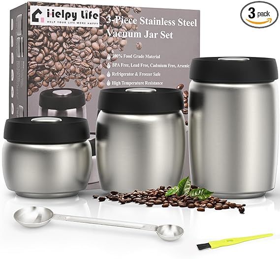HelpyLife Vacuum Coffee Canister,Stainless Steel Airtight Coffee Storage Containers Set with Meas... | Amazon (US)