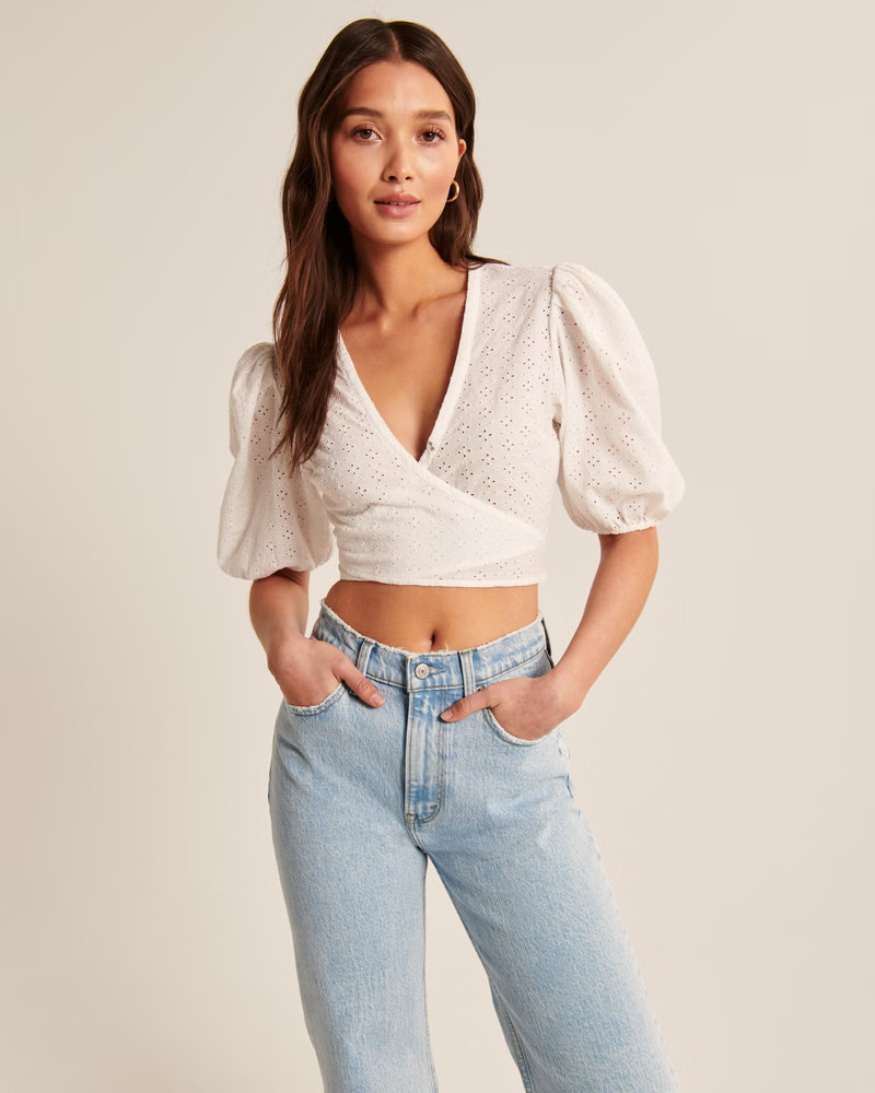 Women's Wrap-Front Eyelet Puff Sleeve Top | Women's Tops | Abercrombie.com | Abercrombie & Fitch (US)