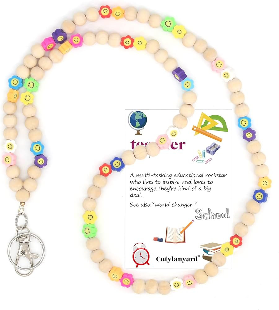 Lanyards for id badges and Keys for Women Come with a Teacher-Themed Card Wood Beaded Lanyard for... | Amazon (US)