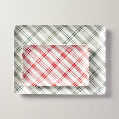 2pc Plaid Melamine Christmas Serving Trays Red/Green/Cream - Hearth & Hand™ with Magnolia | Target