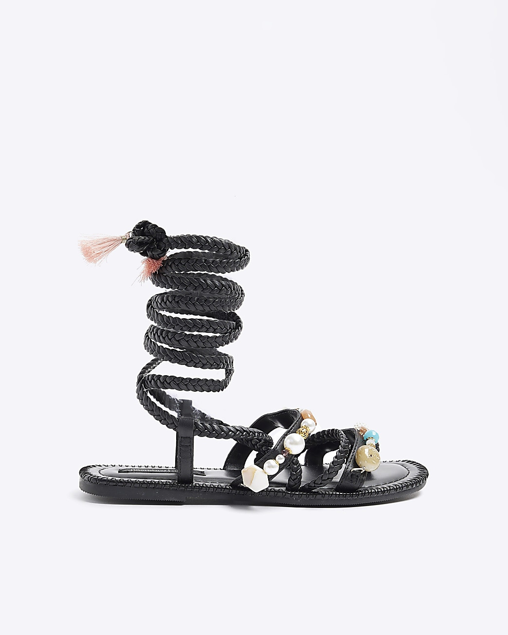Black Leather beaded tie up gladiator sandals | River Island (UK & IE)