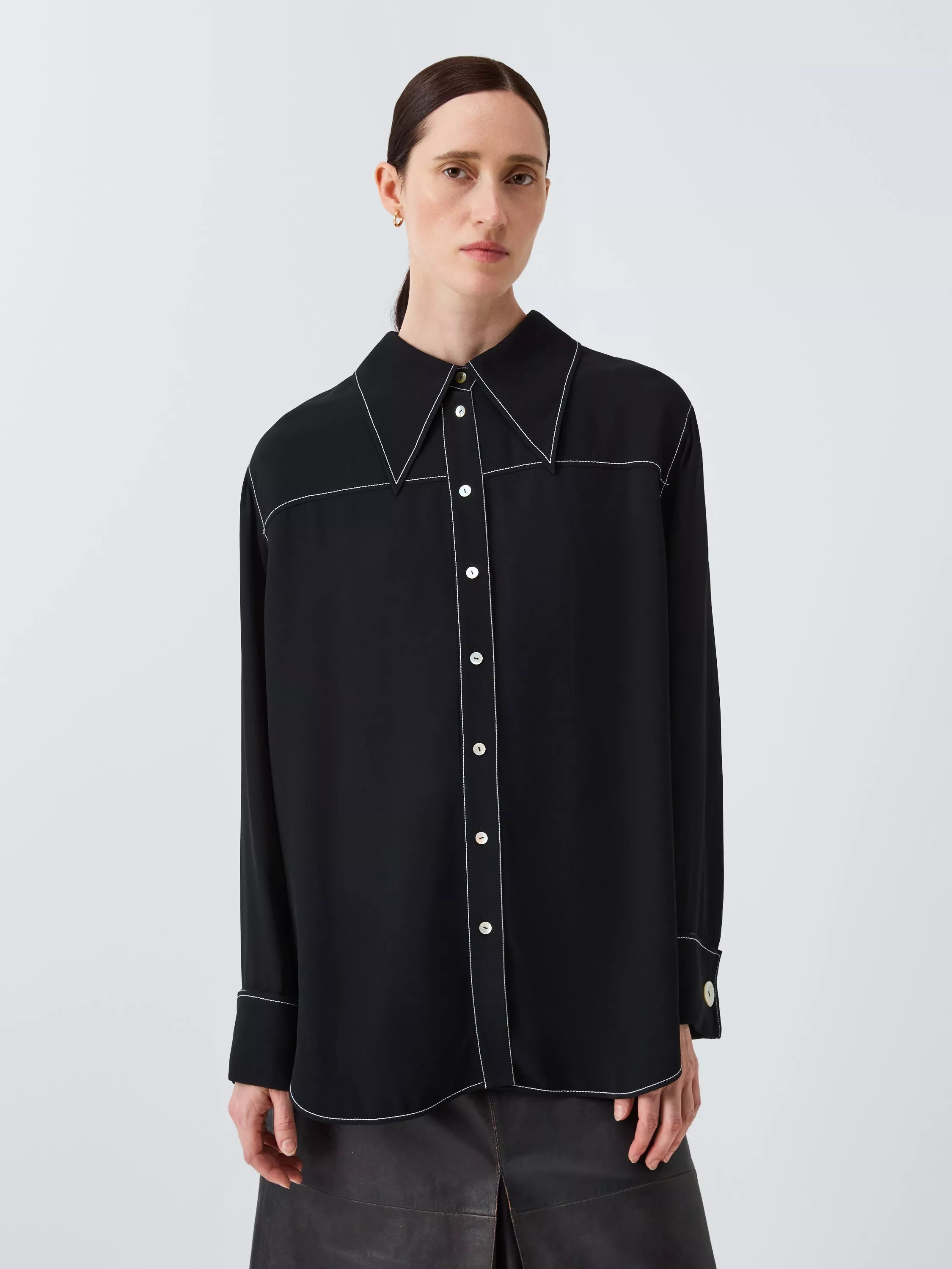 John Lewis x REJINA PYO Crepe Contrast Stitch Reversible Pocket Detail Shirt, Black | John Lewis (UK)