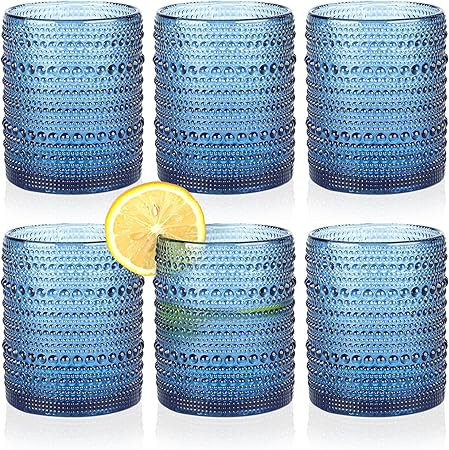 Hobnail Drinking Glasses Set of 6,12oz Blue Vintage Glassware,Cocktail Glasses,Embossed Glass Cup... | Amazon (US)