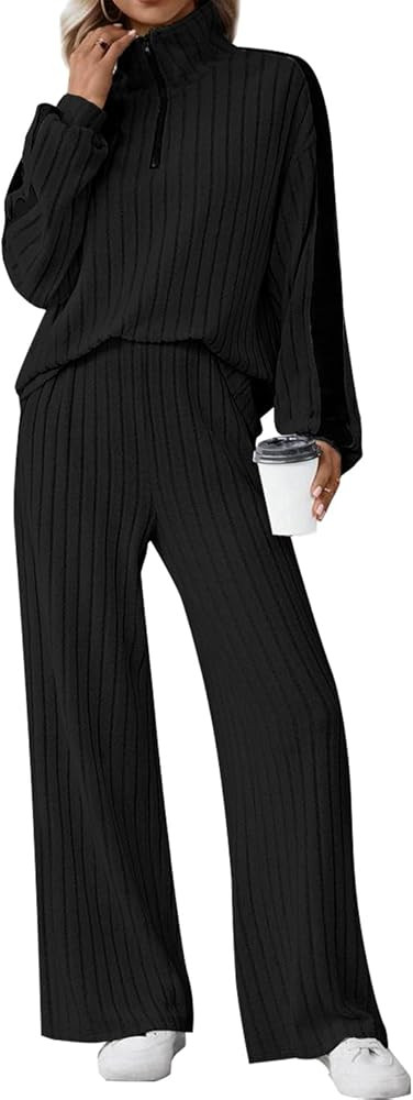 JUSTFASHIONNOW Womens 2 Piece Outfits Ribbed Knit Lounge Sets Cozy Half Zip Sweatsuit Sets Wide L... | Amazon (US)
