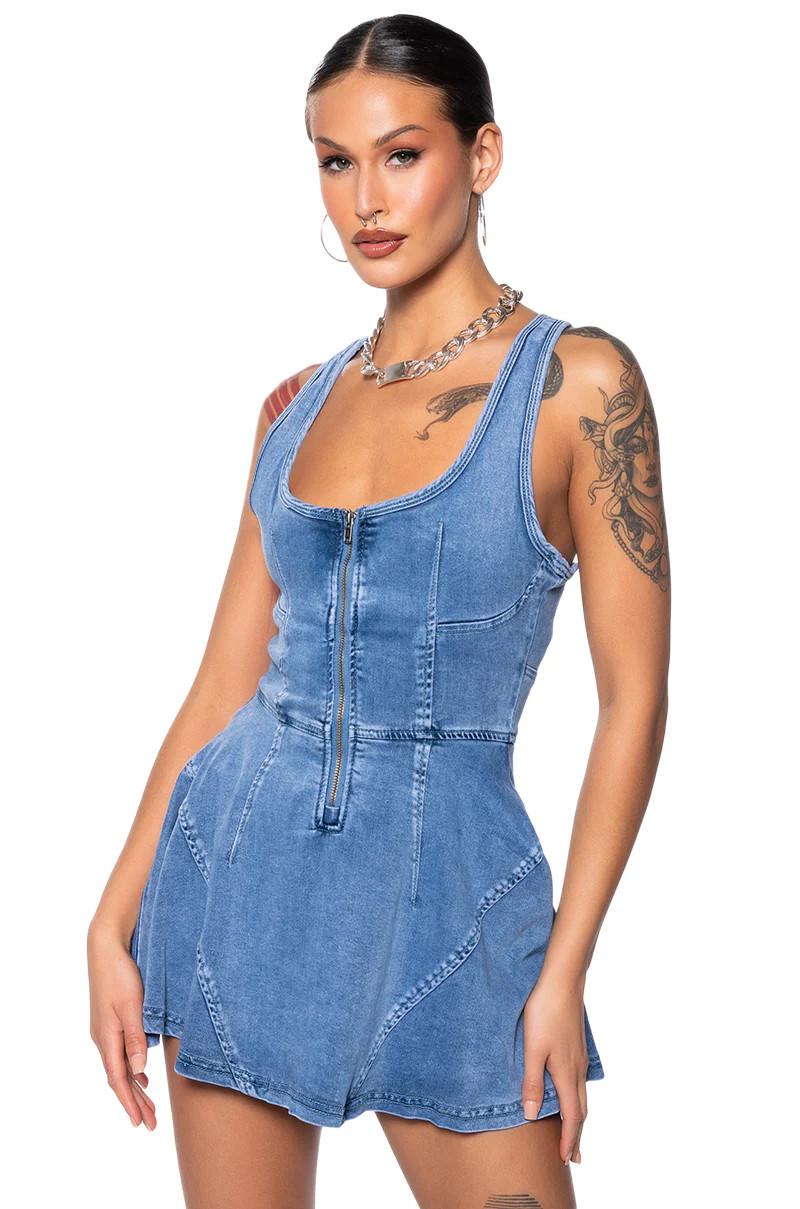 VIVIAN BLUE DENIM MINI DRESS IN BLUE | AKIRA