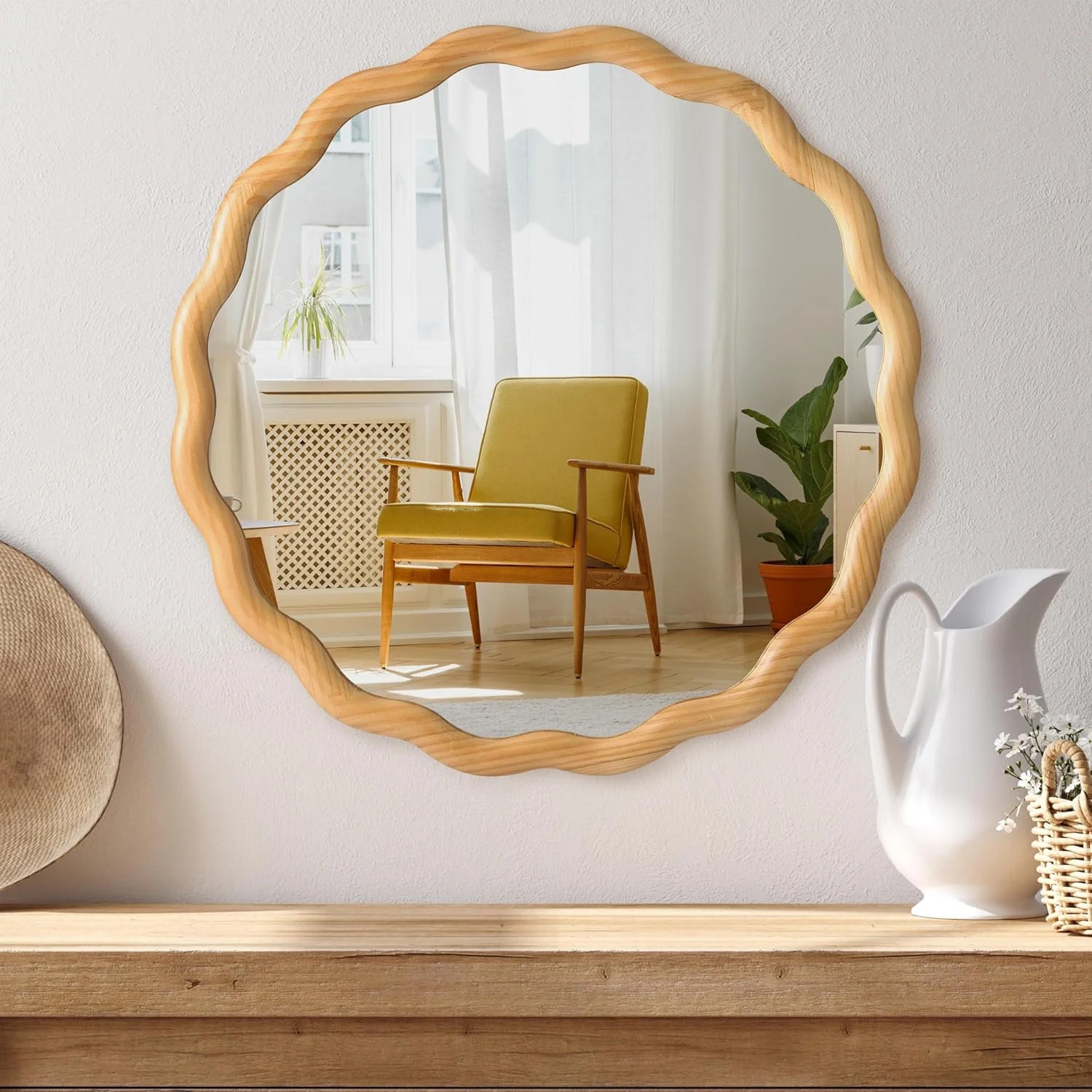 Perfnique Round Wavy Mirror, 24'' Wood Framed Circle Mirrors for Wall Decor, Tempered Glass Scall... | Walmart (US)