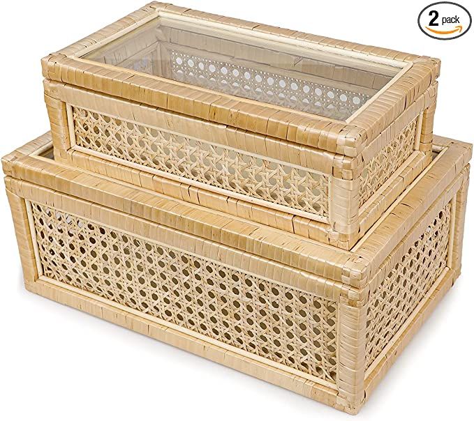 Rattan Decorative Box with Glass Lids, Decorative Boxes for Home Décor, Rattan Woven Case for Di... | Amazon (US)