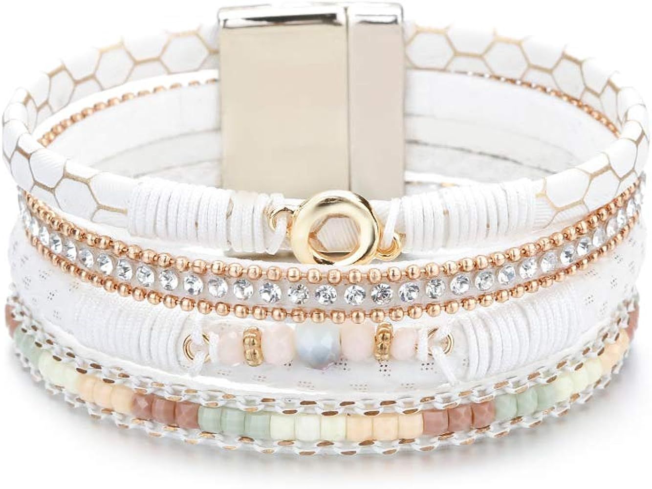 Amazon.com: Fesciory Leather Wrap Bracelets for Women, Boho Leopard Multi-Layer Crystal Beads Cuf... | Amazon (US)