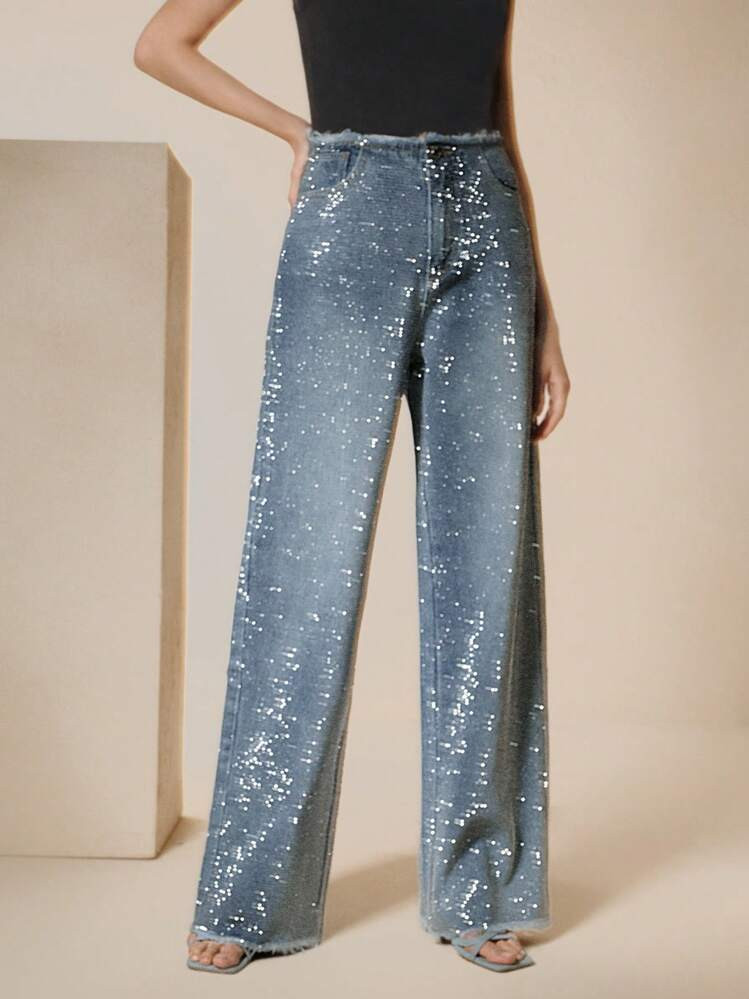 Anewsta High Stretch Rhinestone Decorated Straight Cut Frayed Hem Fashion Jeans | SHEIN