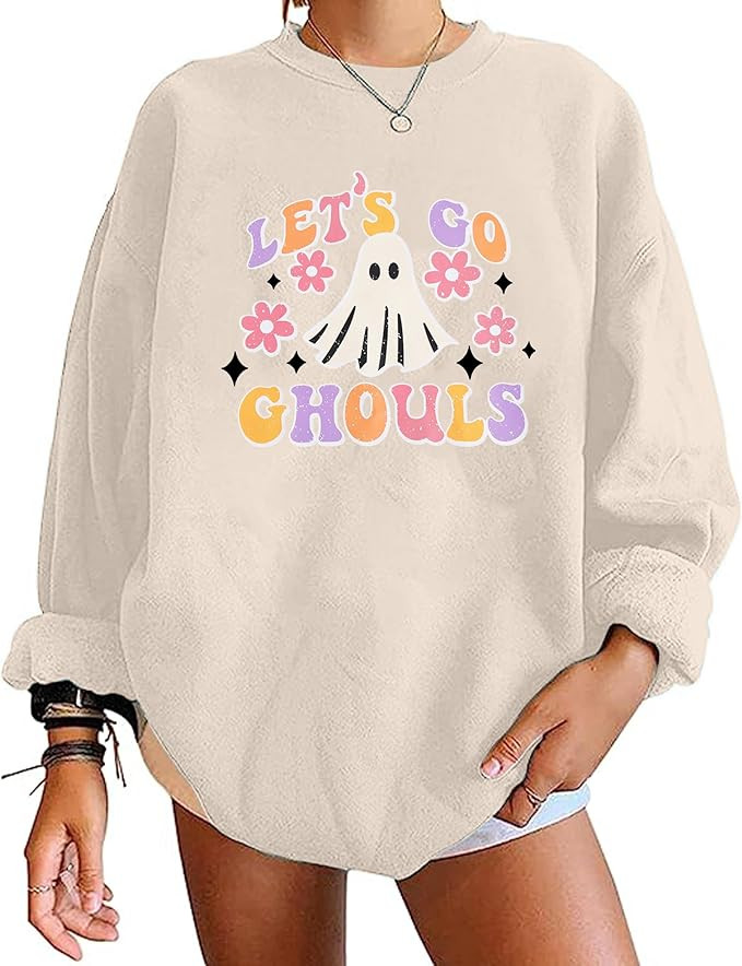 VILOVE Halloween Spooky Sweatshirt Women Lets Go Ghouls Flower Graphic Oversized Shirt Ghost Long... | Amazon (US)