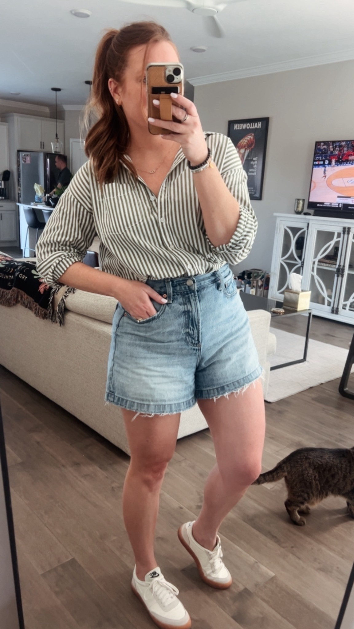 Striped oversized button down shirt / wearing a small
A line denim shorts / tts wearing a 29
White sneakers 
Evil eye necklace 

#LTKdayinmylife #LTKootd #LTKspringtrends