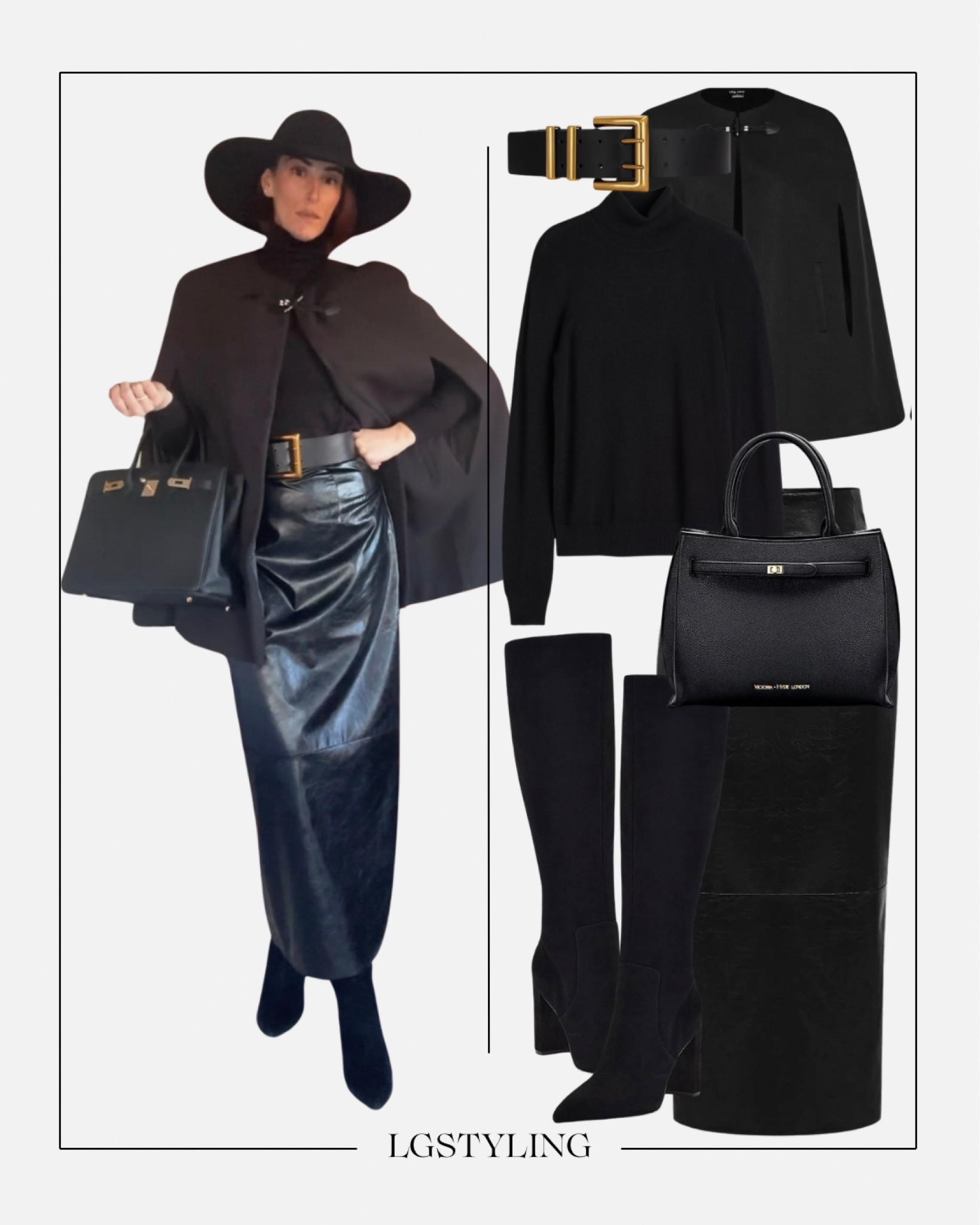 Chic, edgy, and oh-so-dramatic! This all-black look combines textures for maximum impact—think a sleek leather pencil skirt, a structured cape, and a bold belt to define the waist. The wide-brim hat adds a touch of mystery, while the structured bag and pointed-toe boots complete this luxe, powerful ensemble. Perfect for commanding the room this winter! 

#LTKHoliday #LTKSeasonal #LTKStyleTip