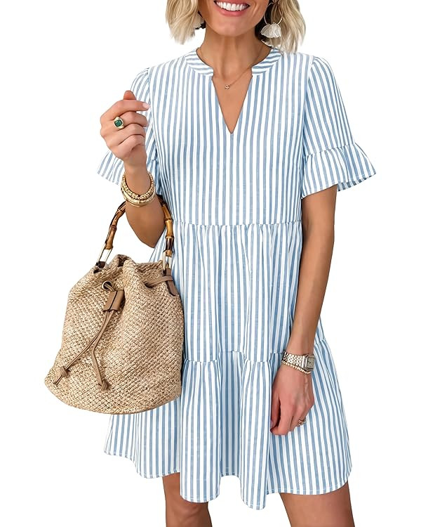 Caracilia Dresses for Women Summer 2026 Striped V Neck Ruffle Sleeve A Line Tiered Flowy Casual M... | Amazon (US)
