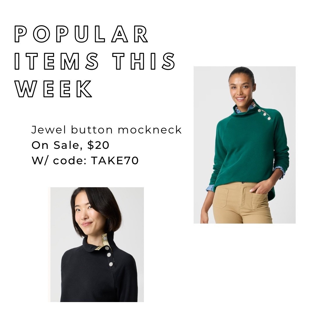 ON SALE - with an extra 70% use code: TAKE70, comes out under $20!! I really like the gold detail with the rhinestone buttons; I have three of these mocknecks.  


#jcrewsale #jcrewfactory #mocknkeck #salefinds #sweatshirt #under20 #budgetfriendly 


#LTKOver40 #LTKSeasonal #LTKSaleAlert #LTKFindsUnder50