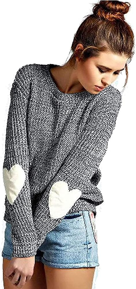 shermie Women's Cute Heart Pattern Elbow Patchwork Casual Crewneck Knitted Sweaters Pullover | Amazon (US)