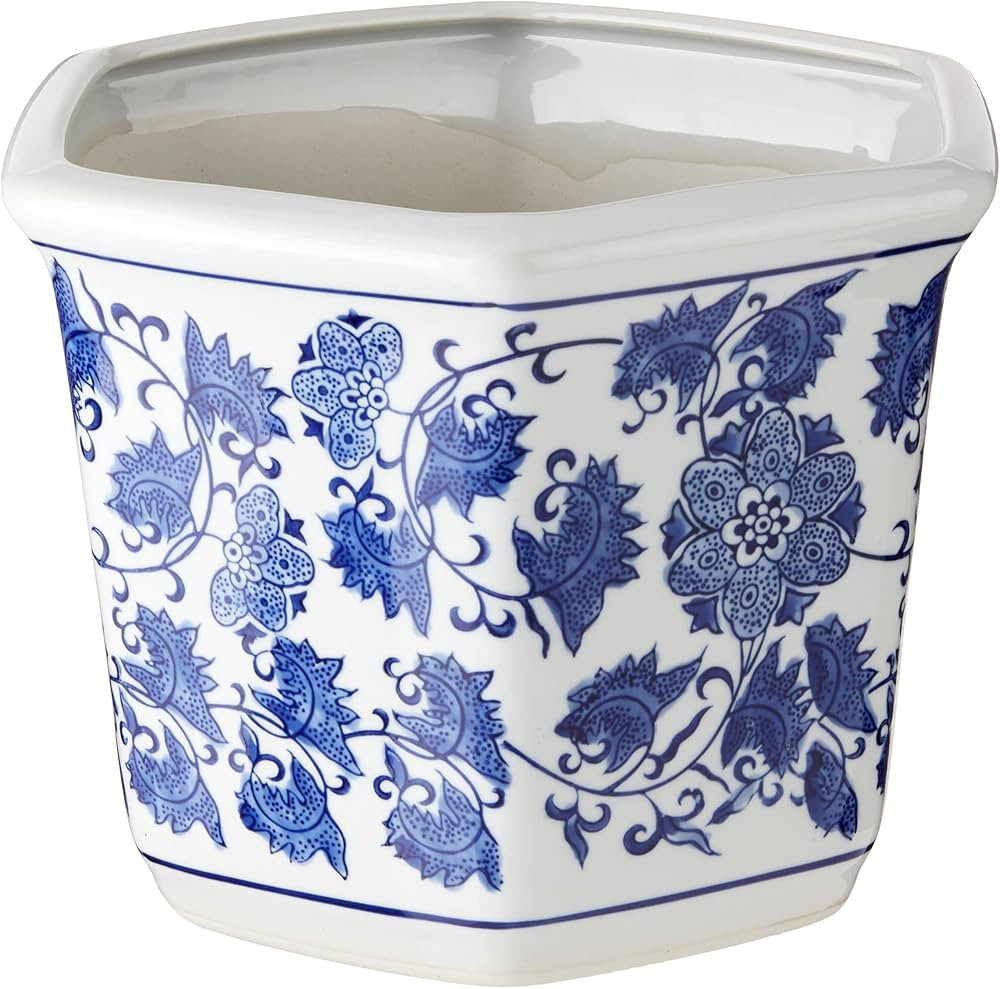 Oriental Furniture 10" Floral Blue & White Porcelain Flower Pot | Amazon (US)