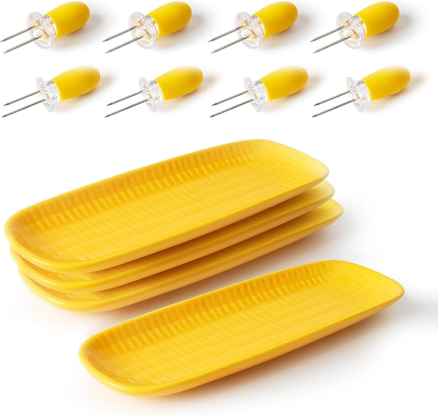 DOWAN 3D Embossed Corn on the Cob Dishes, Set of 4 with 8 Corn Cob Holders - 9.2" Ceramic Corn Tr... | Amazon (US)