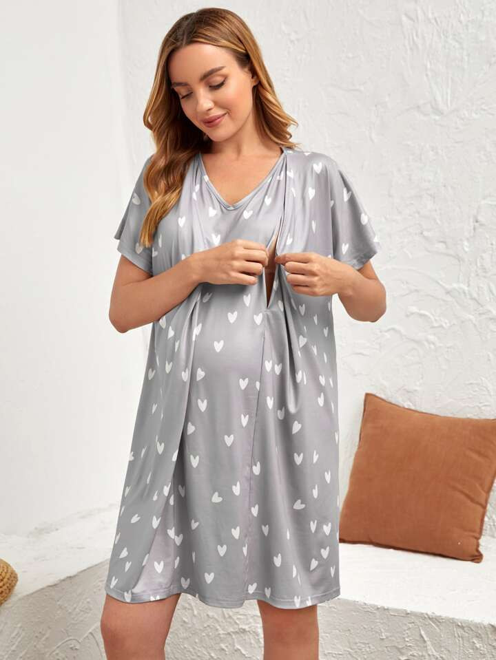 SHEIN Maternity Heart Print Batwing Sleeve Nursing Nightdress For Mother | SHEIN