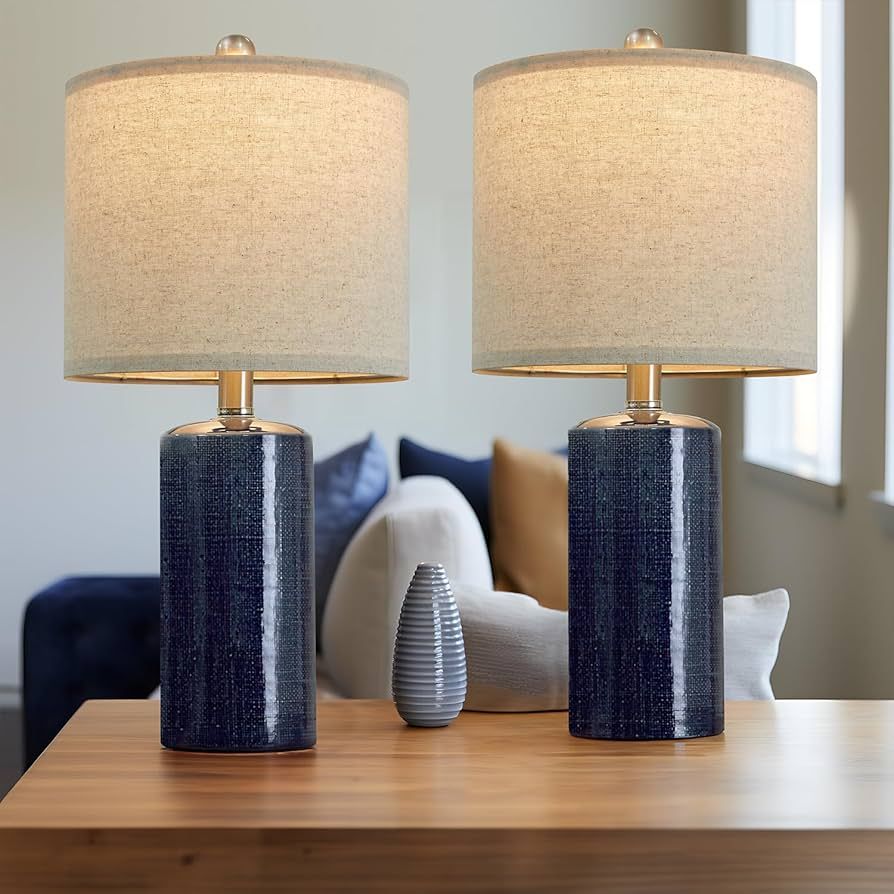 20.25" Modern Ceramic Table lamp Set of 2 Small Farmhouse Bedside lamp Dark Blue Nightstand Lamp ... | Amazon (US)