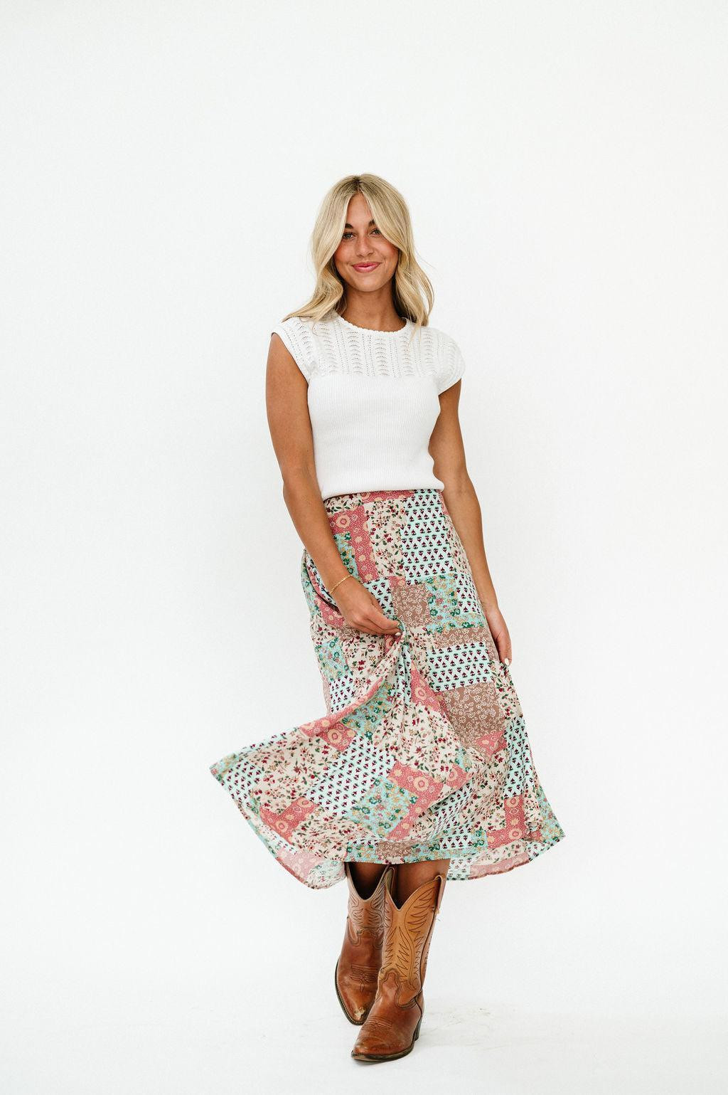 Bradyn Patchwork Print Skirt in Pink L | FEHRNVI