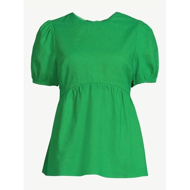 Scoop Women's Linen Blend Peplum Top with Puff Sleeves - Walmart.com | Walmart (US)