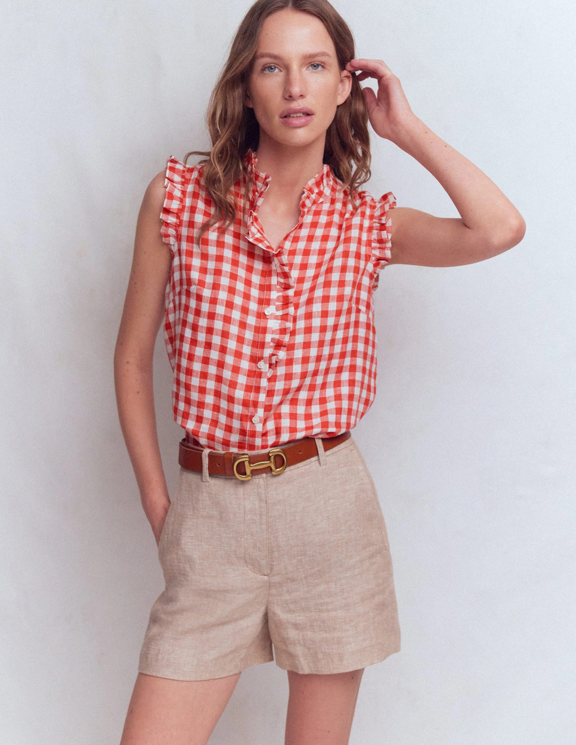 Isabel Sleeveless Linen Top-Burnt Red Gingham | Boden UK