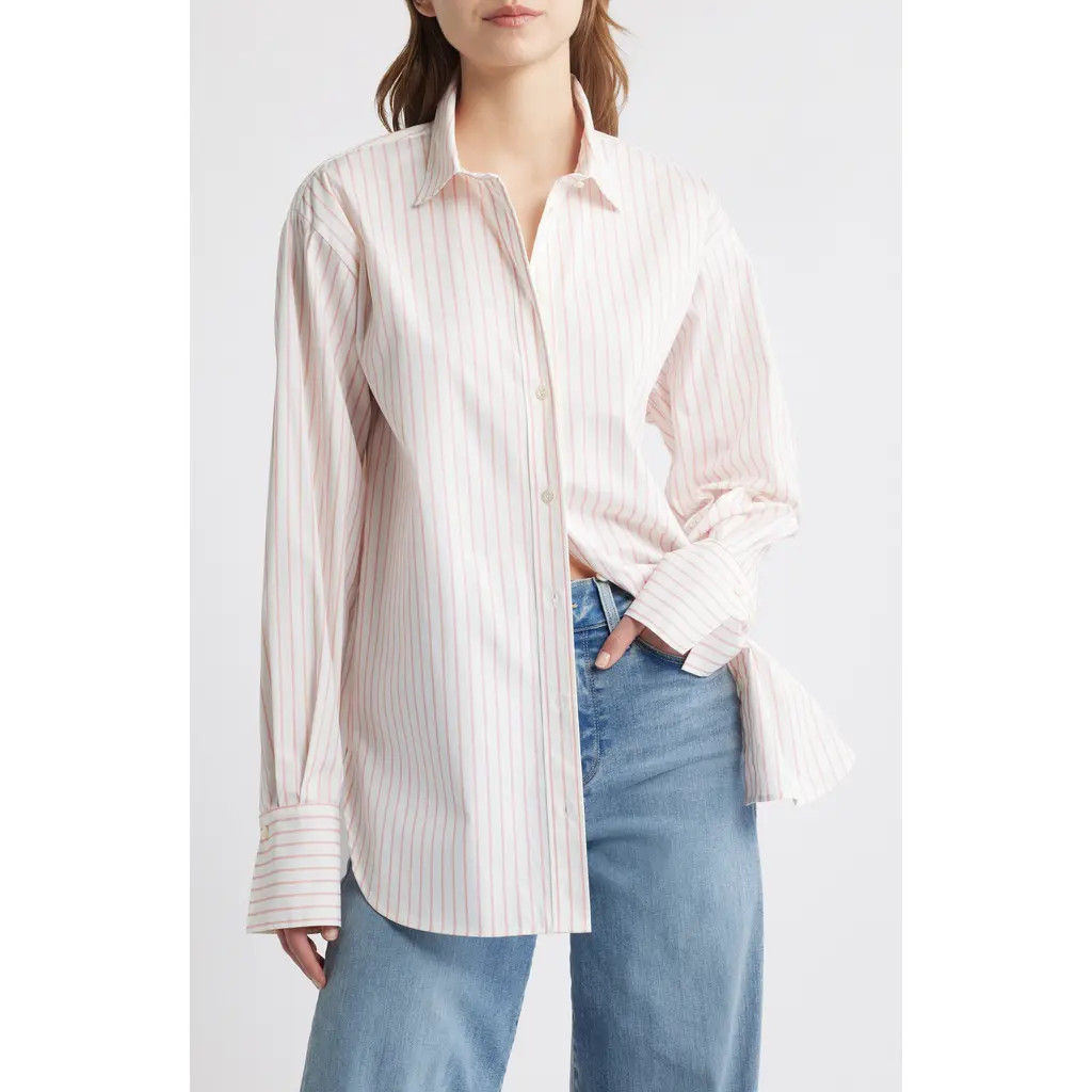 FRAME Stripe Oversize Cotton Button-Up Shirt in Azalea Multi at Nordstrom, Size Large | Nordstrom