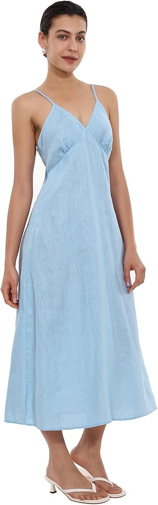 Women's 100% Linen Maxi Dress Summer Dress V Neck Spaghetti Strap Sundress for Beach Vacation | Amazon (US)
