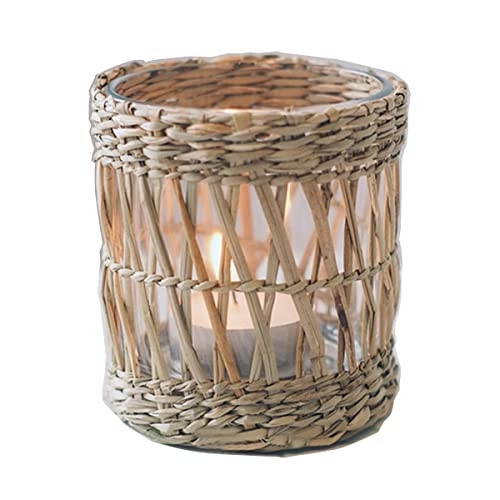 Wicker Woven Tea Light Candle Holder, Decorative Handcraft Rattan Woven Votive Candle Holder, Rustic Vintage Seagrass Glass Votive Candle Holders Hurricane for Dining Table Kitchen Decor | Amazon (US)