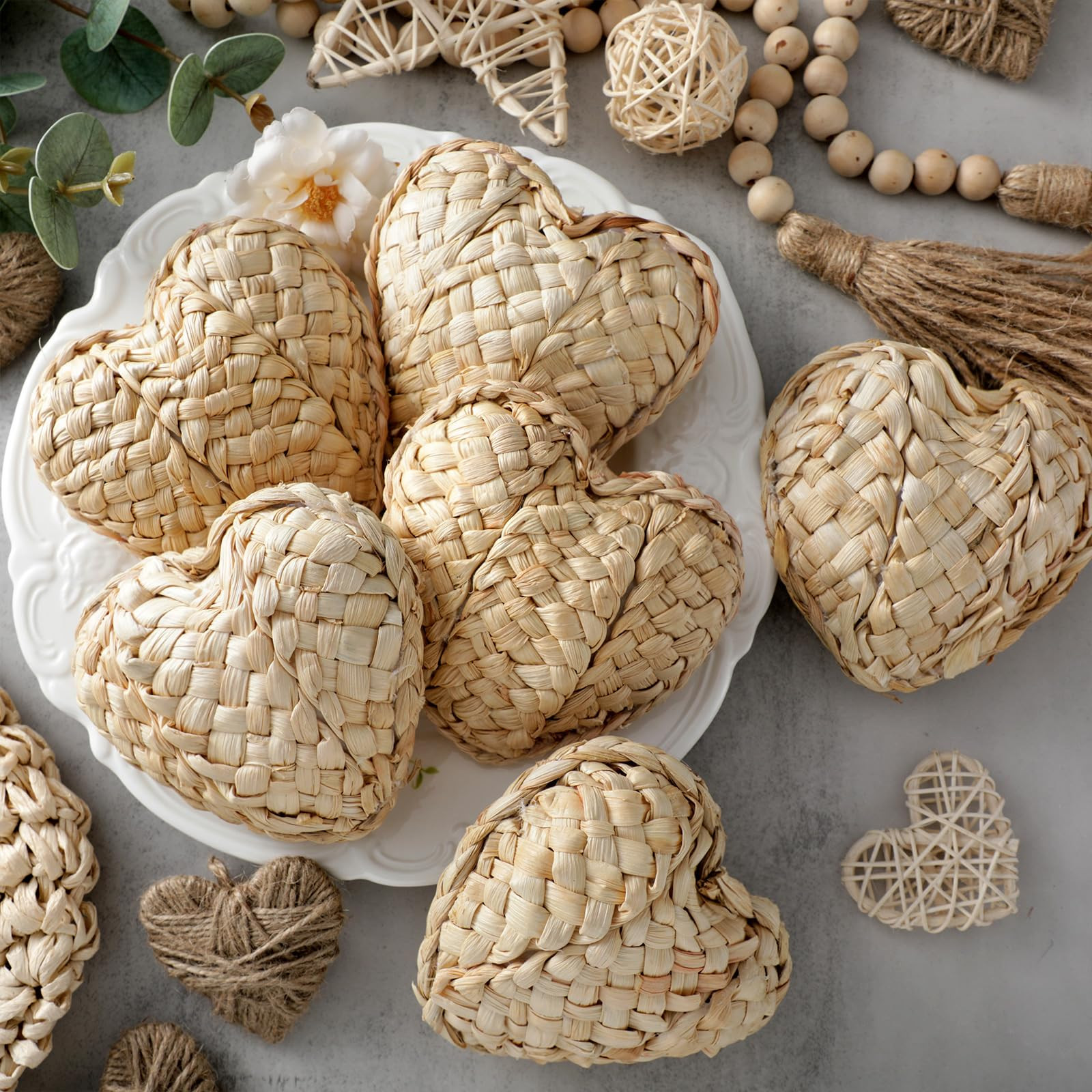 Chunful 6 Pcs Rustic Valentine's Day Rattan Heart Ornaments Boho Farmhouse Woven Wicker Large Bowl Vase Fillers Vintage Valentine Decor for February Table Shelf Home Wedding (Natural Color,4.7'') | Amazon (US)