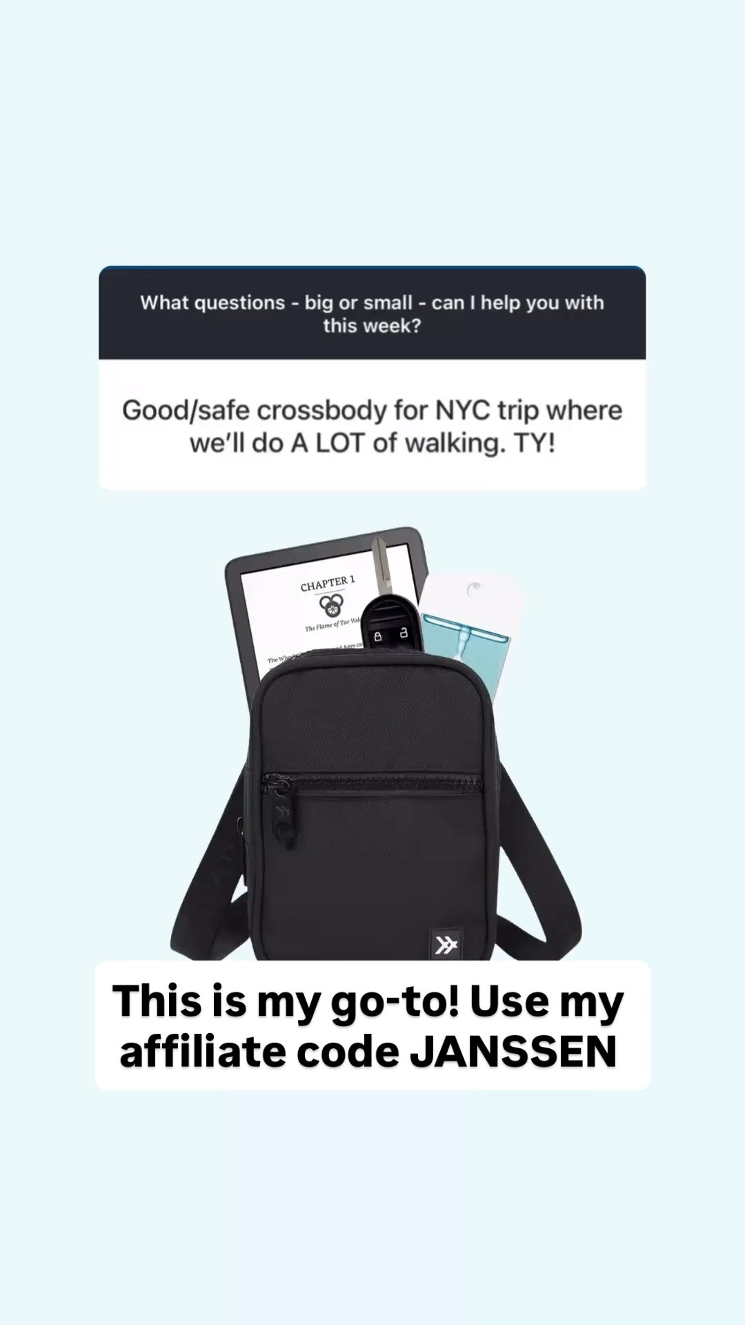 This is my go-to crossbody bag, especially for travel! Use my affiliate code JANSSEN