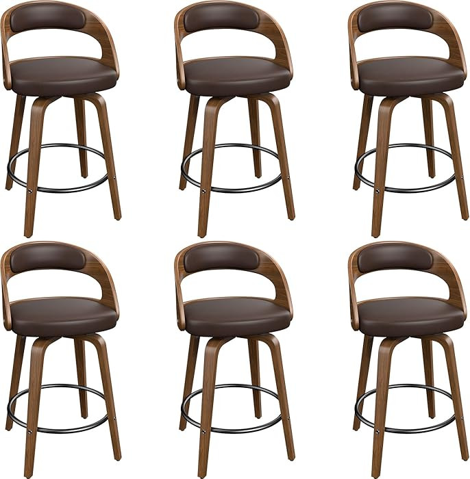 Swivel Bar Stools Set of 6, 26" Counter Height Bentwood Barstool, Mid-Century Modern PU Leather U... | Amazon (US)