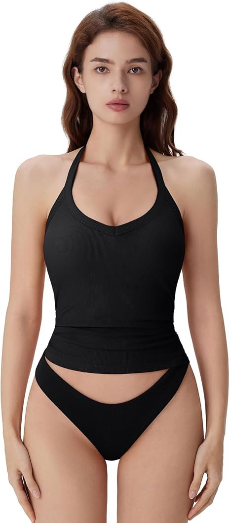 SUUKSESS Halter Tank Top for Women with Built in Bra Cotton Ribbed V Neck Cami | Amazon (US)