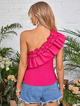 SweatyRocks Women's Solid One Shoulder Layered Ruffle Tee Shirts Butterfly Sleeve Fitted Casual S... | Amazon (US)